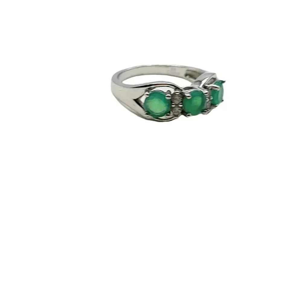 Faux Emerald Green Rhinestone Costume Bling Ring Size 7 Silver Plated Marked 925